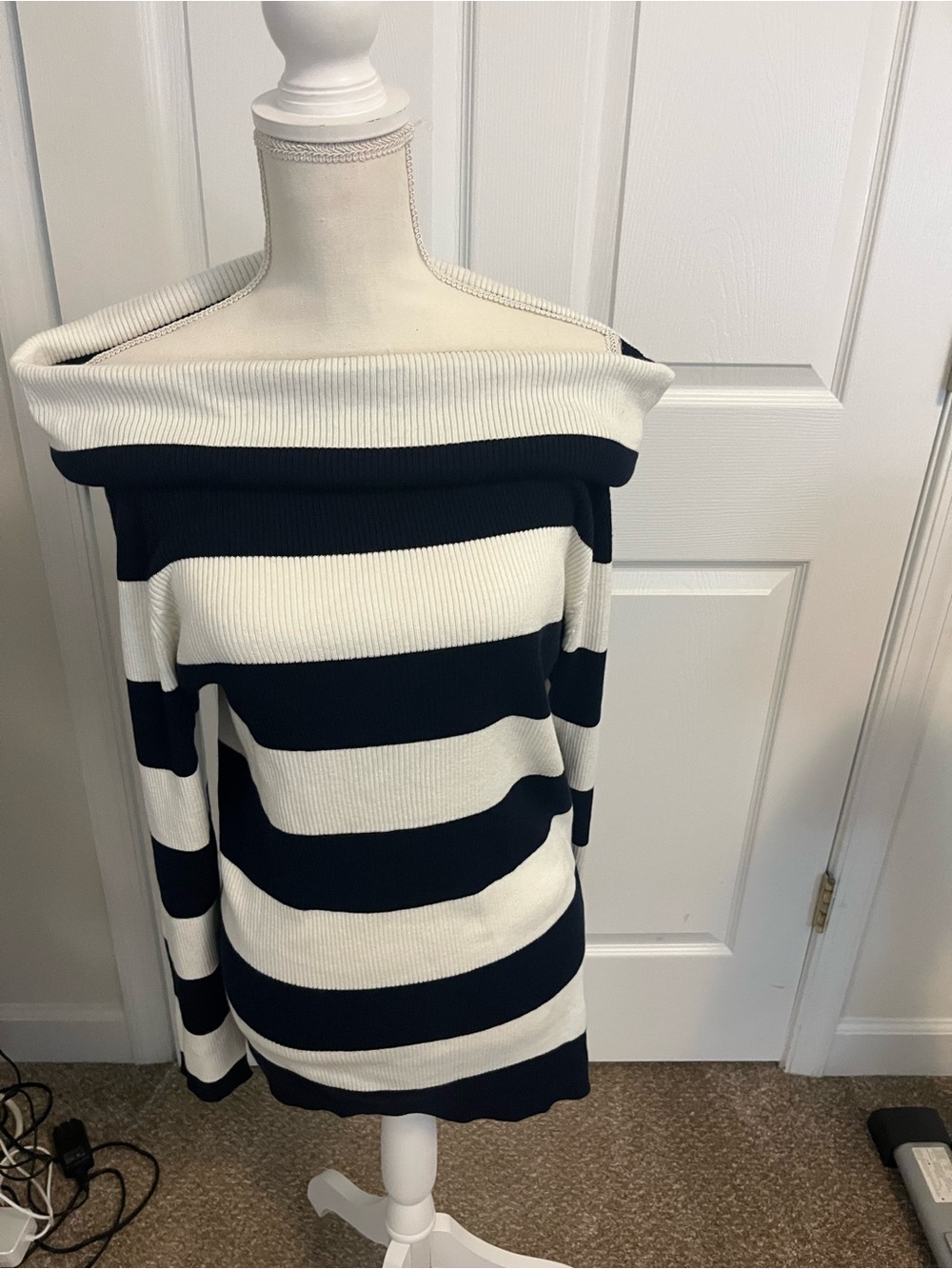 Tommy Hilfiger Navy and White Off-the-Shoulder Stripe Sweater NWT